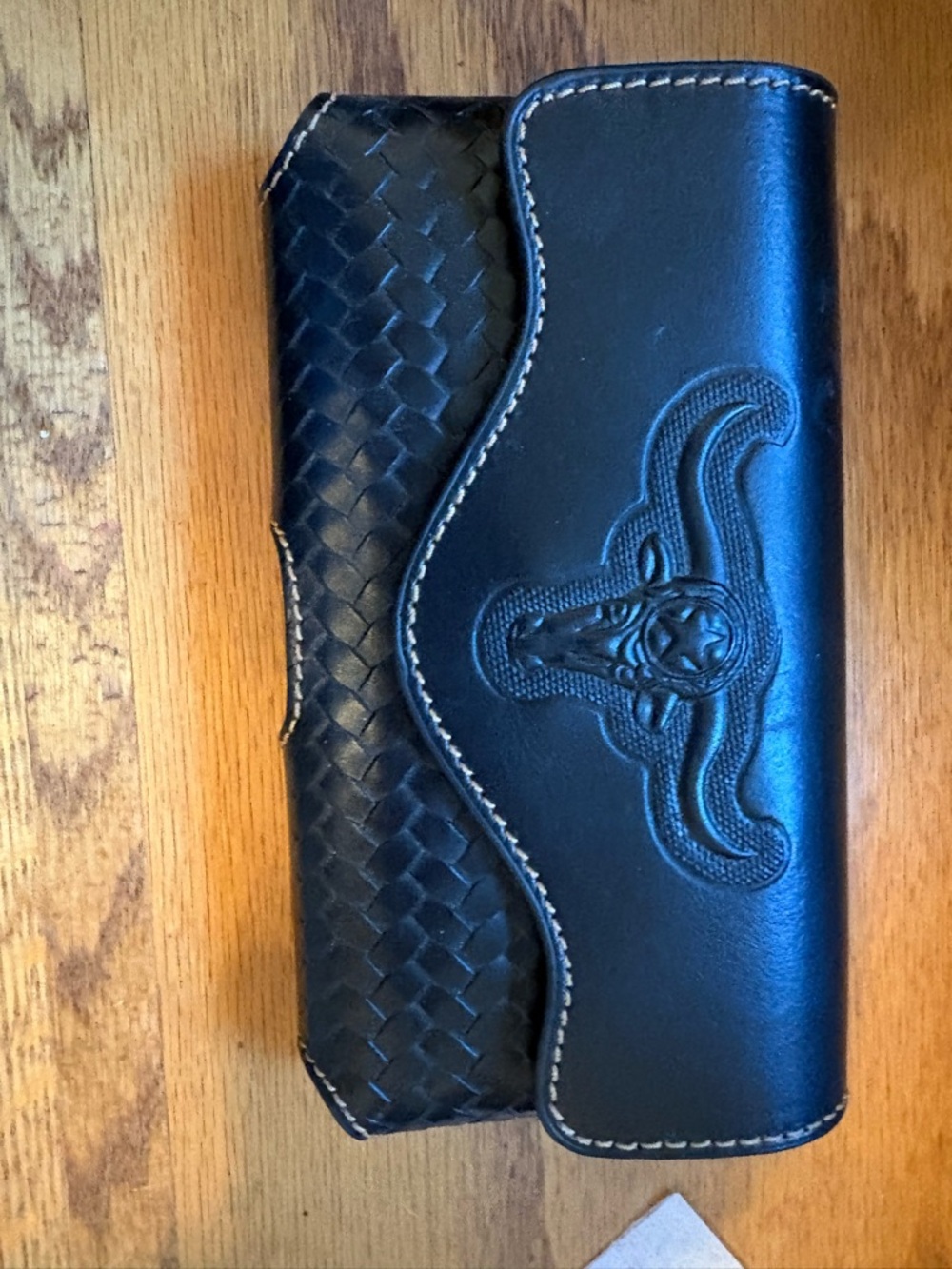 Montana West Black Tooled Leather glasses holder , Woven Panel
